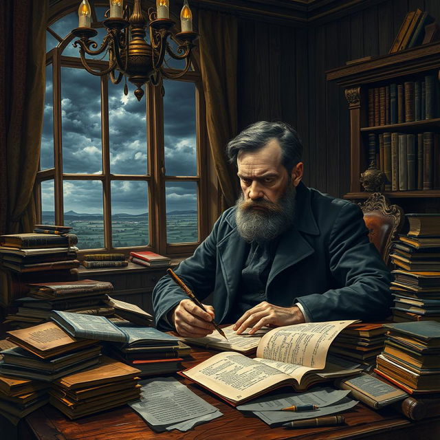 A scene depicting Fyodor Dostoevsky deeply engrossed in writing 'The Brothers Karamazov', surrounded by piles of books and papers scattered around him