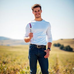 A handsome man with an athletic build standing confidently in a sunlit field