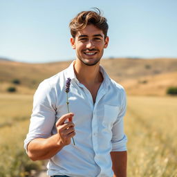 A handsome man with an athletic build standing confidently in a sunlit field