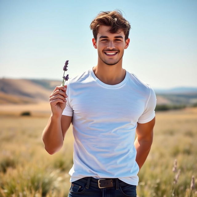 A handsome man with an athletic build standing confidently in a sunlit field