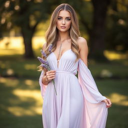 A stunning and elegant woman standing gracefully, holding a delicate lavender flower in her hand