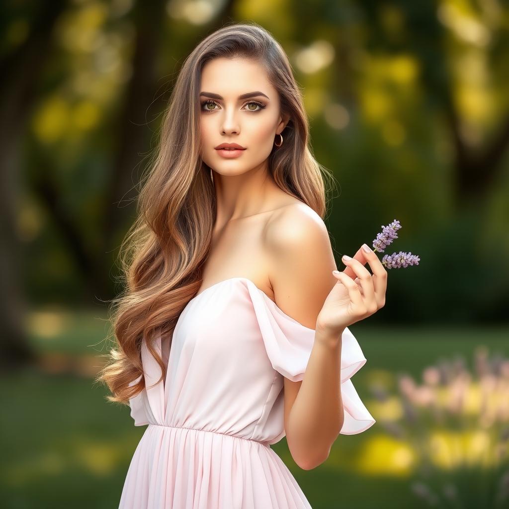 A stunning and elegant woman standing gracefully, holding a delicate lavender flower in her hand