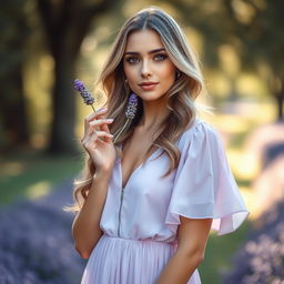 A stunning and elegant woman standing gracefully, holding a delicate lavender flower in her hand