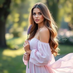 A stunning and elegant woman standing gracefully, holding a delicate lavender flower in her hand