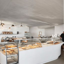 A modern bakery cafe with white concrete interiors in Parisian style, featuring sleek lines and minimalistic furniture. Pastries are displayed in glass cases and a contemporary coffee brewing station sits invitingly.