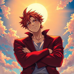 A captivating light novel cover featuring a tall male character wearing a stylish dark-red blazer that emphasizes his height and charisma