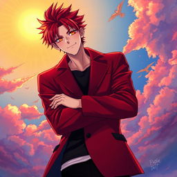 A captivating light novel cover featuring a tall male character wearing a stylish dark-red blazer that emphasizes his height and charisma