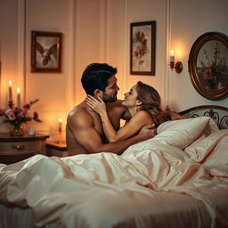 An intimate and sensual moment between two adults in a beautifully decorated bedroom, soft candlelight casting warm shadows on the walls, silk sheets draping the bed