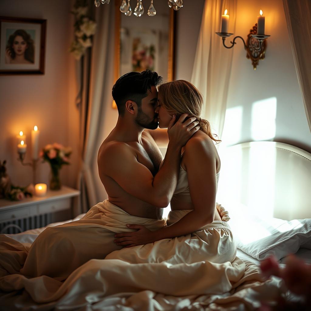 An intimate and sensual moment between two adults in a beautifully decorated bedroom, soft candlelight casting warm shadows on the walls, silk sheets draping the bed