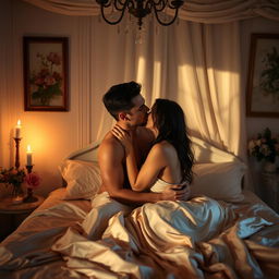 An intimate and sensual moment between two adults in a beautifully decorated bedroom, soft candlelight casting warm shadows on the walls, silk sheets draping the bed