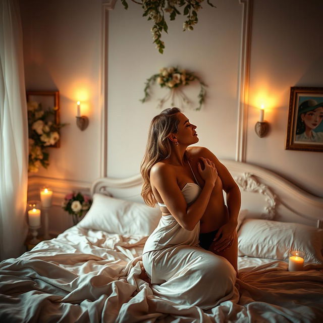 An intimate and sensual moment between two adults in a beautifully decorated bedroom, soft candlelight casting warm shadows on the walls, silk sheets draping the bed