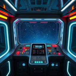 A sleek, modern control panel with bright LED indicators and digital displays, designed for a futuristic spacecraft, oriented vertically