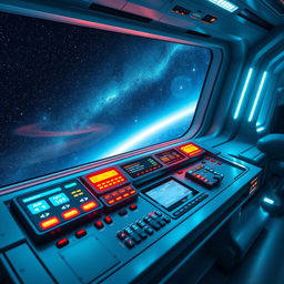 A sleek, modern control panel with bright LED indicators and digital displays, designed for a futuristic spacecraft, oriented vertically