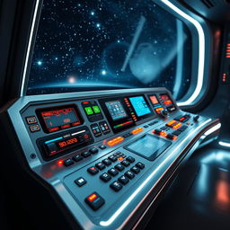 A sleek, modern control panel with bright LED indicators and digital displays, designed for a futuristic spacecraft, oriented vertically