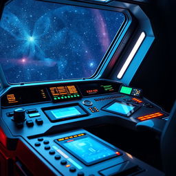 A sleek, modern control panel with bright LED indicators and digital displays, designed for a futuristic spacecraft, oriented vertically