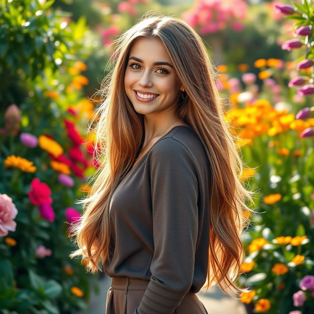 A stunning portrait of a confident young woman with long, flowing hair and a radiant smile, dressed in a fashionable outfit, standing in an elegant pose