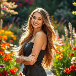 A stunning portrait of a confident young woman with long, flowing hair and a radiant smile, dressed in a fashionable outfit, standing in an elegant pose