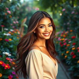 A stunning portrait of a confident young woman with long, flowing hair and a radiant smile, dressed in a fashionable outfit, standing in an elegant pose