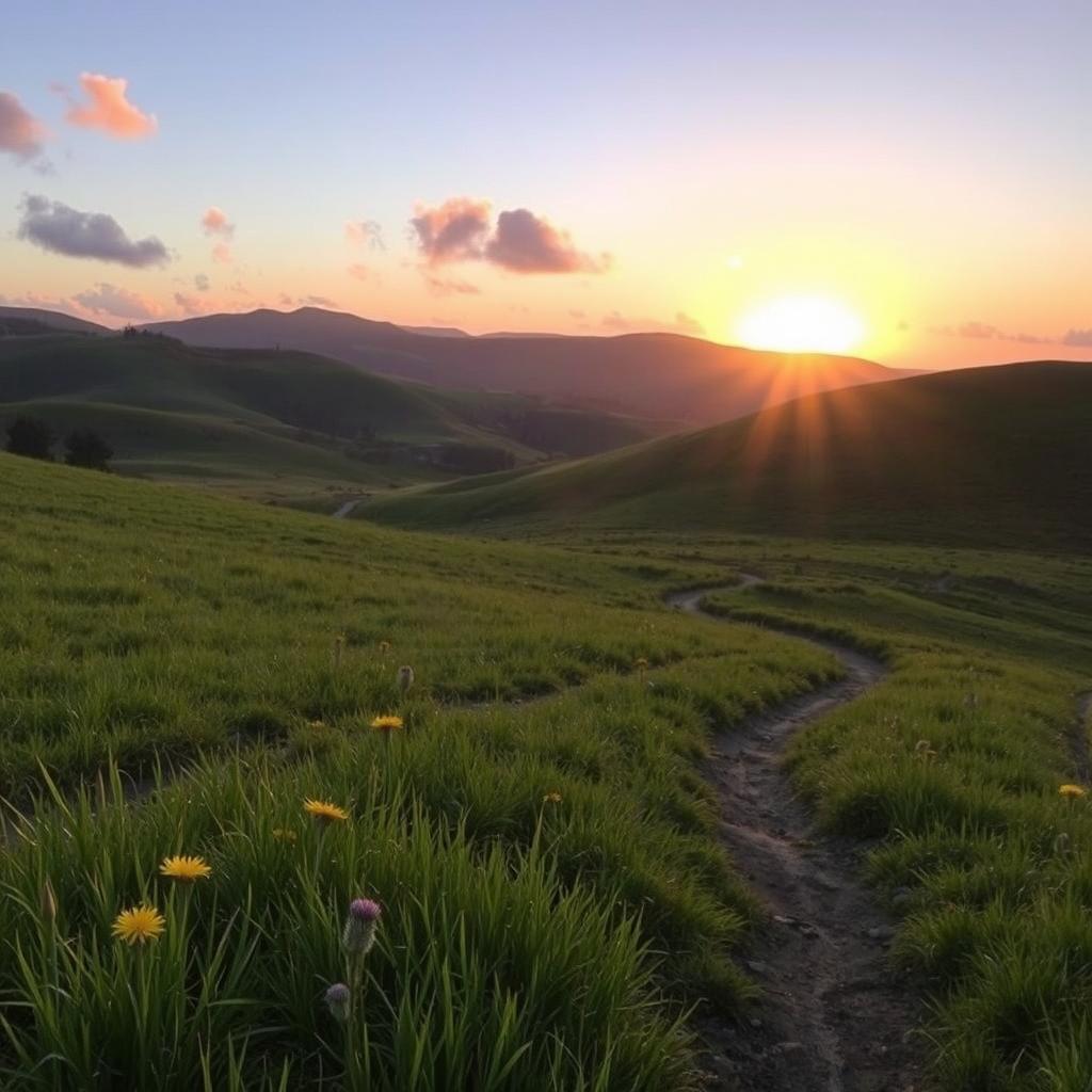 A serene landscape featuring rolling hills in the background, bathed in the warm glow of sunset