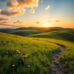 A serene landscape featuring rolling hills in the background, bathed in the warm glow of sunset
