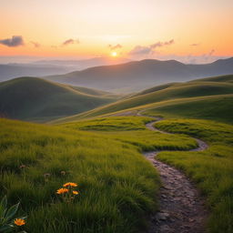 A serene landscape featuring rolling hills in the background, bathed in the warm glow of sunset