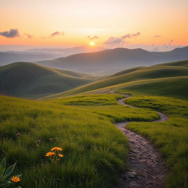 A serene landscape featuring rolling hills in the background, bathed in the warm glow of sunset