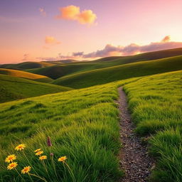 A serene landscape featuring rolling hills in the background, bathed in the warm glow of sunset