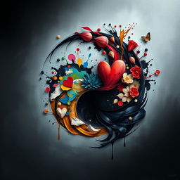 A captivating artistic representation of 'Shadow Work' intertwined with the concepts of life, art, heart, and the Yin Yang symbol