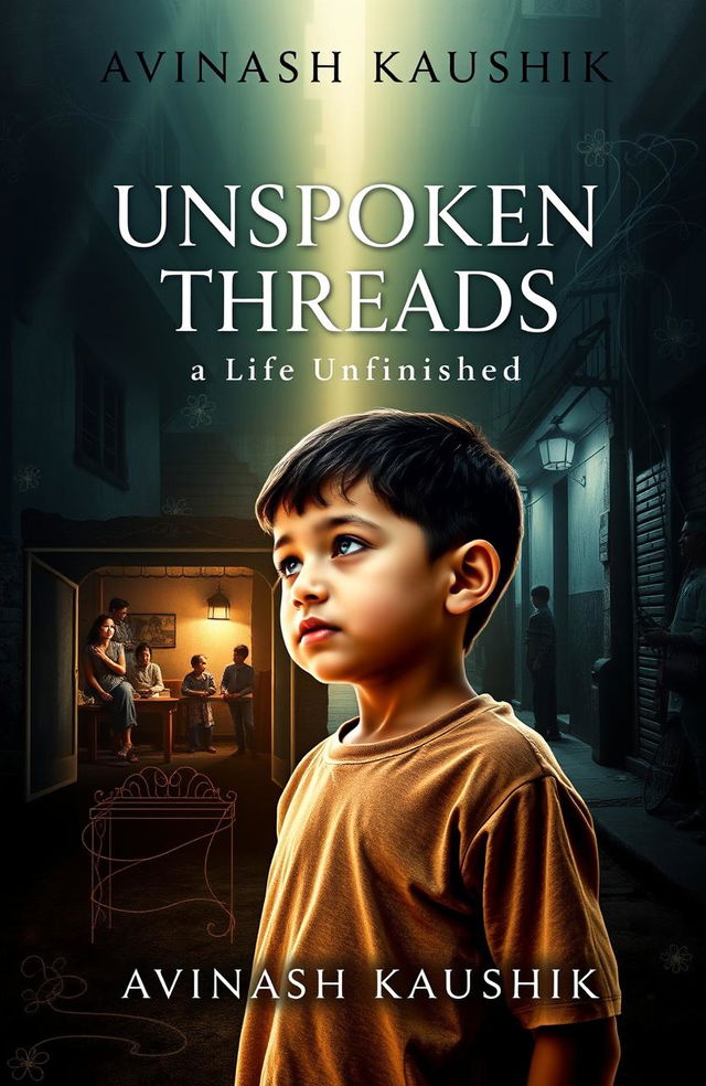 A thought-provoking e-book cover design for 'Unspoken Threads: A Life Unfinished' by Avinash Kaushik