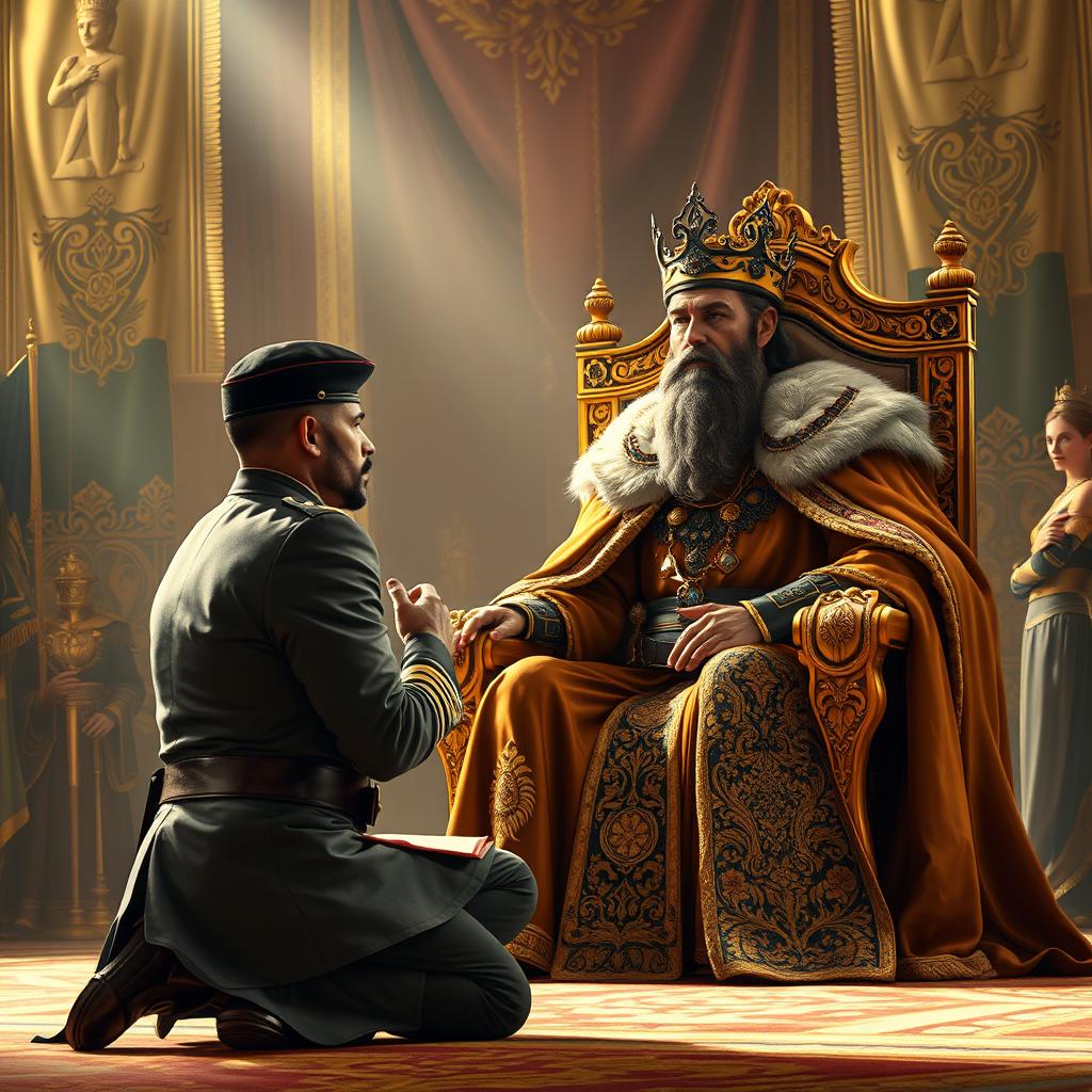 A powerful scene depicting a commander kneeling in reverence before a regal king