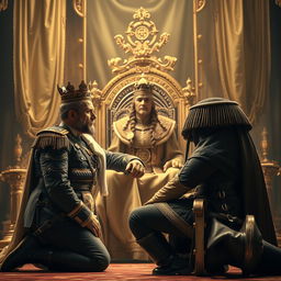 A powerful scene depicting a commander kneeling in reverence before a regal king