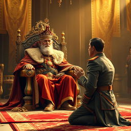 A powerful scene depicting a commander kneeling in reverence before a regal king