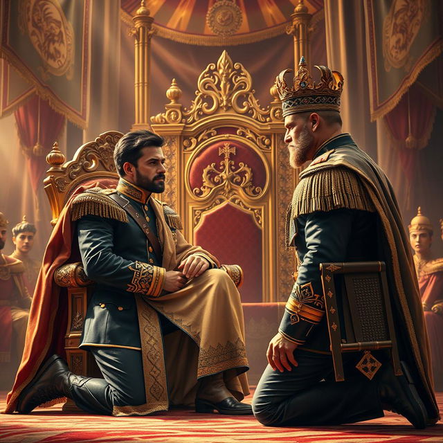 A powerful scene depicting a commander kneeling in reverence before a regal king