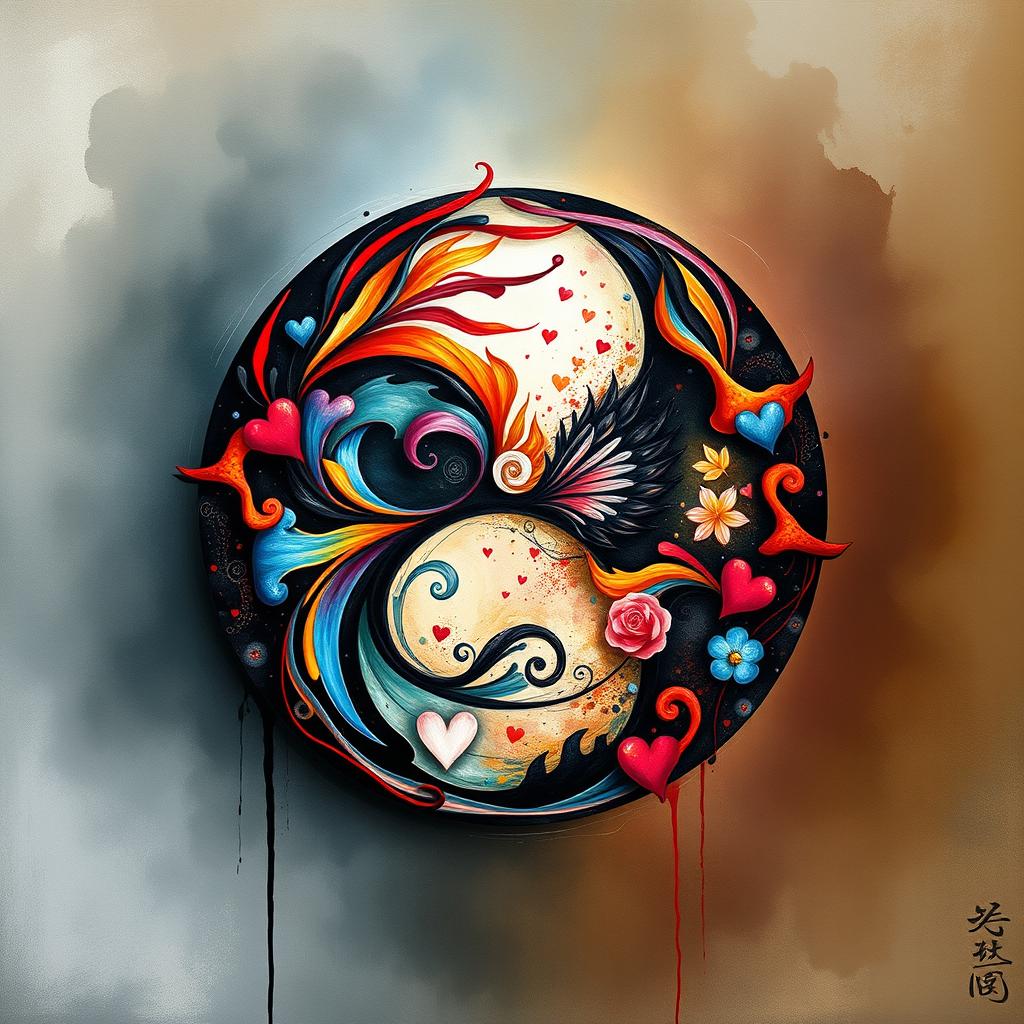 A deeply emotive artwork themed around 'Shadow Work' and 'Art of the Heart,' centered on the Yin Yang symbol