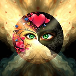 A mesmerizing artwork centered on 'Shadow Work' and 'Art of the Heart,' featuring the Yin Yang symbol alongside captivating green eyes