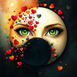 A mesmerizing artwork centered on 'Shadow Work' and 'Art of the Heart,' featuring the Yin Yang symbol alongside captivating green eyes