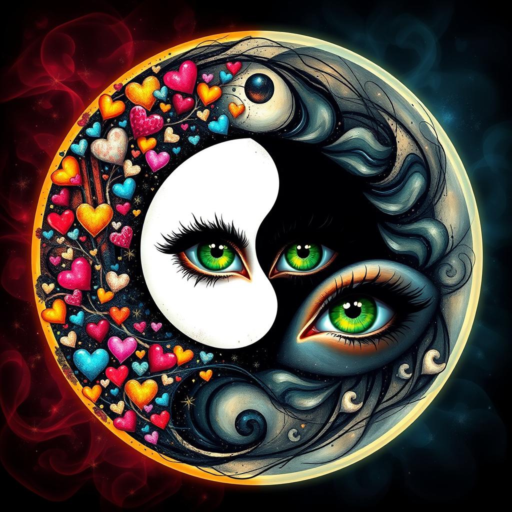 A mesmerizing artwork centered on 'Shadow Work' and 'Art of the Heart,' featuring the Yin Yang symbol alongside captivating green eyes