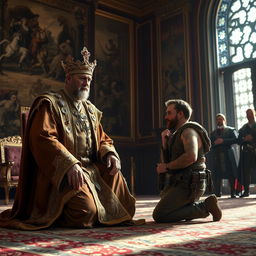A captured war commander kneeling before a majestic king in a grand throne room