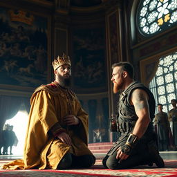A captured war commander kneeling before a majestic king in a grand throne room