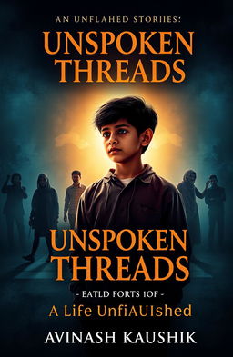 An evocative and emotional E-Book cover for 'Unspoken Threads: A Life Unfinished' by Avinash Kaushik, illustrating the journey of a boy from childhood to teenage years