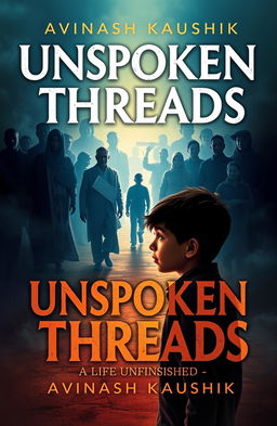 An evocative and emotional E-Book cover for 'Unspoken Threads: A Life Unfinished' by Avinash Kaushik, illustrating the journey of a boy from childhood to teenage years