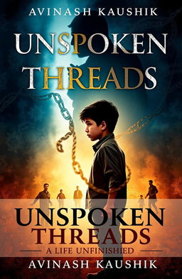 An evocative and emotional E-Book cover for 'Unspoken Threads: A Life Unfinished' by Avinash Kaushik, illustrating the journey of a boy from childhood to teenage years