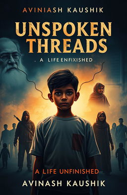 An evocative and emotional E-Book cover for 'Unspoken Threads: A Life Unfinished' by Avinash Kaushik, illustrating the journey of a boy from childhood to teenage years
