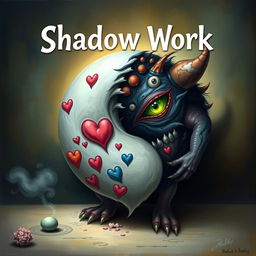 An intriguing and surreal artwork depicting 'Shadow Work' through the 'Art of the Heart,' featuring the Yin Yang symbol intertwined with a monster characterized by striking green eyes