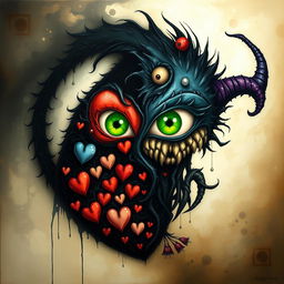 An intriguing and surreal artwork depicting 'Shadow Work' through the 'Art of the Heart,' featuring the Yin Yang symbol intertwined with a monster characterized by striking green eyes