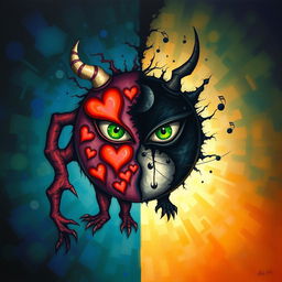 An intriguing and surreal artwork depicting 'Shadow Work' through the 'Art of the Heart,' featuring the Yin Yang symbol intertwined with a monster characterized by striking green eyes