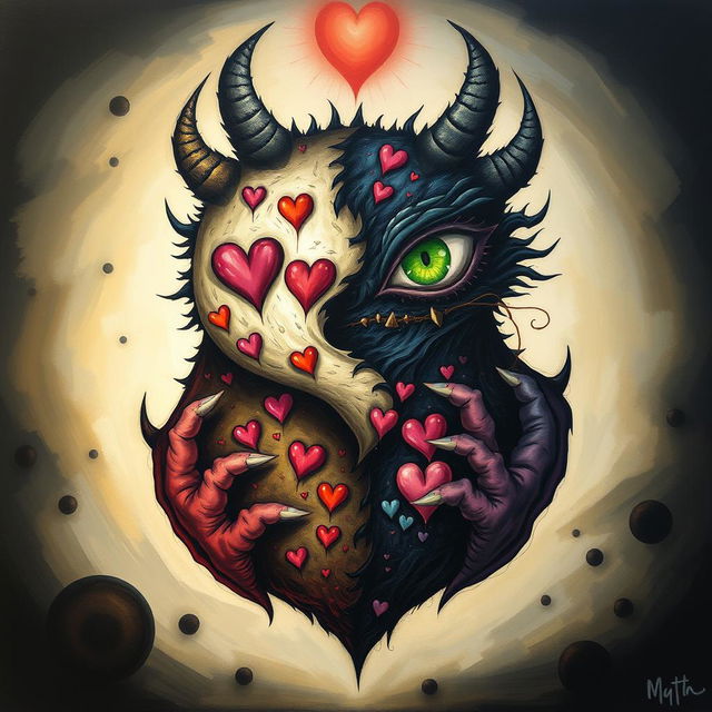 An intriguing and surreal artwork depicting 'Shadow Work' through the 'Art of the Heart,' featuring the Yin Yang symbol intertwined with a monster characterized by striking green eyes