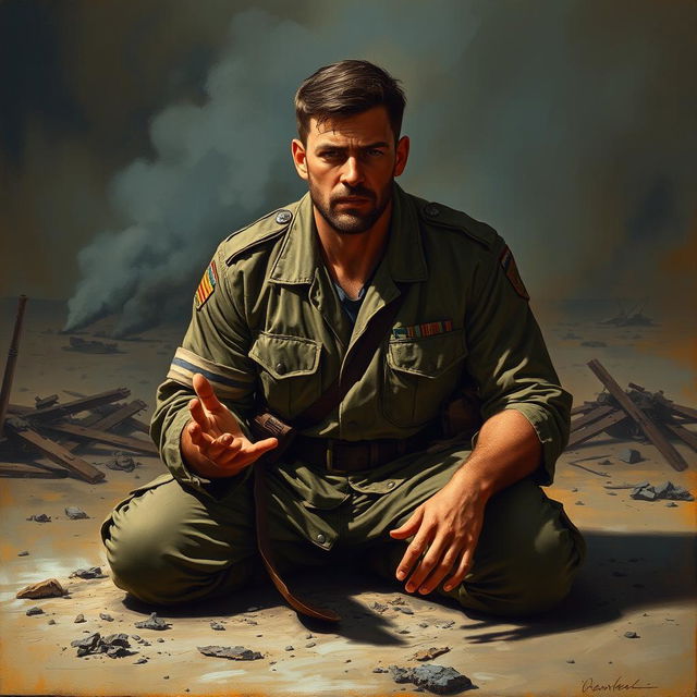 A defeated war commander, kneeling on the ground with a look of determination and resilience on his face