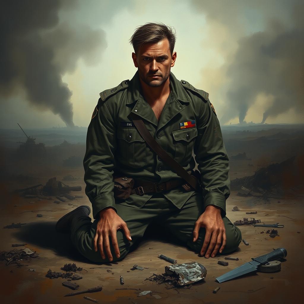 A defeated war commander, kneeling on the ground with a look of determination and resilience on his face