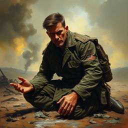 A defeated war commander, kneeling on the ground with a look of determination and resilience on his face